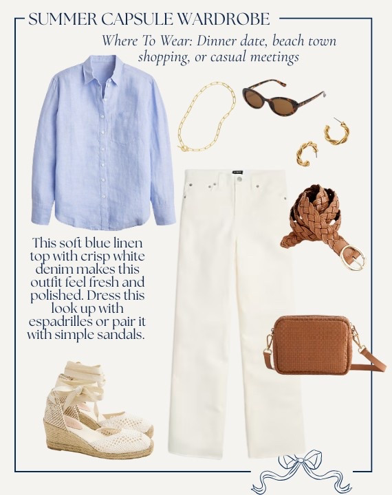 Summer Capsule Wardrobe // FRENCH BLUE LINEN SHIRT & WHITE JEANS // A soft blue linen top with crisp white denim makes this outfit feel fresh and polished.

Where to Wear: Dinner date, beach town shopping, or casual meetings

#LTKFindsUnder100 #LTKStyleTip #LTKSeasonal
