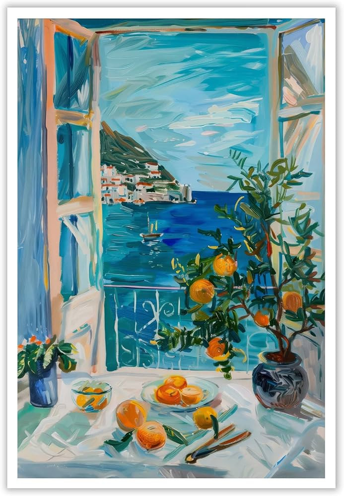 ZHGYGBN Mediterranean Citrus Wall Art - Orange & Seascape Still Life Painting, Coastal Kitchen De... | Amazon (US)