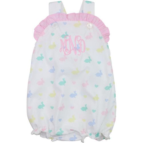Pink Pastel Bunny And Heart Print Ruffle Bubble | Cecil and Lou