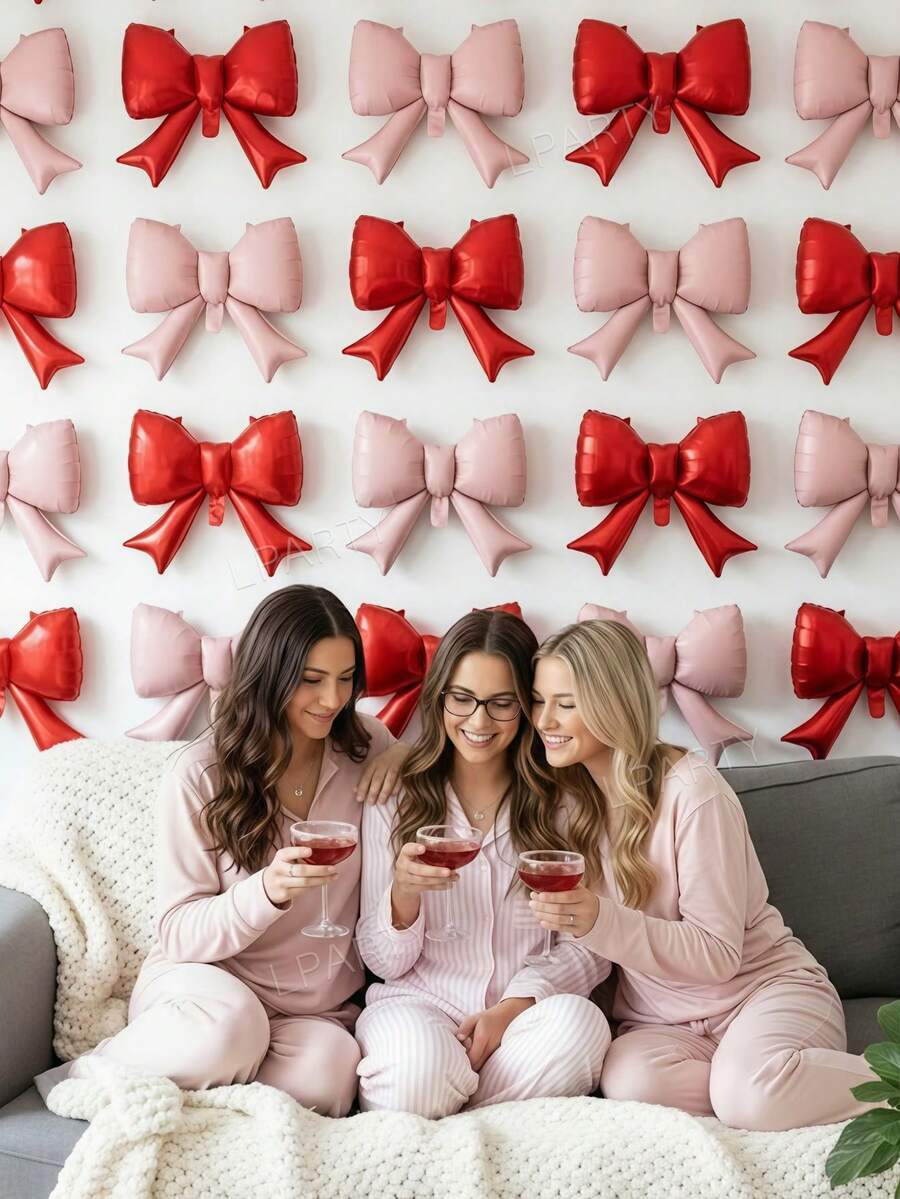 10pcs/Set Bow Decor Balloons, Red And Light Pink, Heart-Shaped Photo Backdrop Balloons For Valent... | SHEIN