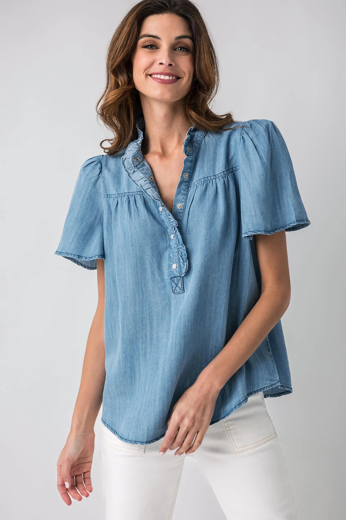 Easel Washed Chambray Button Down Woven Top | Social Threads