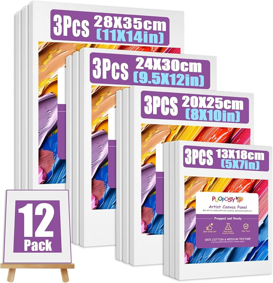 12 Value Pack Stretched Canvases for Painting, Multi-Size (5x7, 8x10, 9.5x12, 11x14 in), 100% Cot... | Amazon (US)