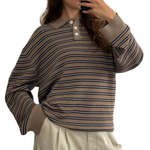 Women’s Striped Polo Sweatshirt Knit Oversized Long Sleeve Button Lapel Collar Classic Knit Sweater Tops (Khaki, XL) | Amazon (US)
