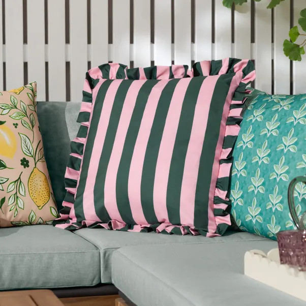 Palm Royal Stripe Ruffle Outdoor Square Cushion | Dunelm (migrated)