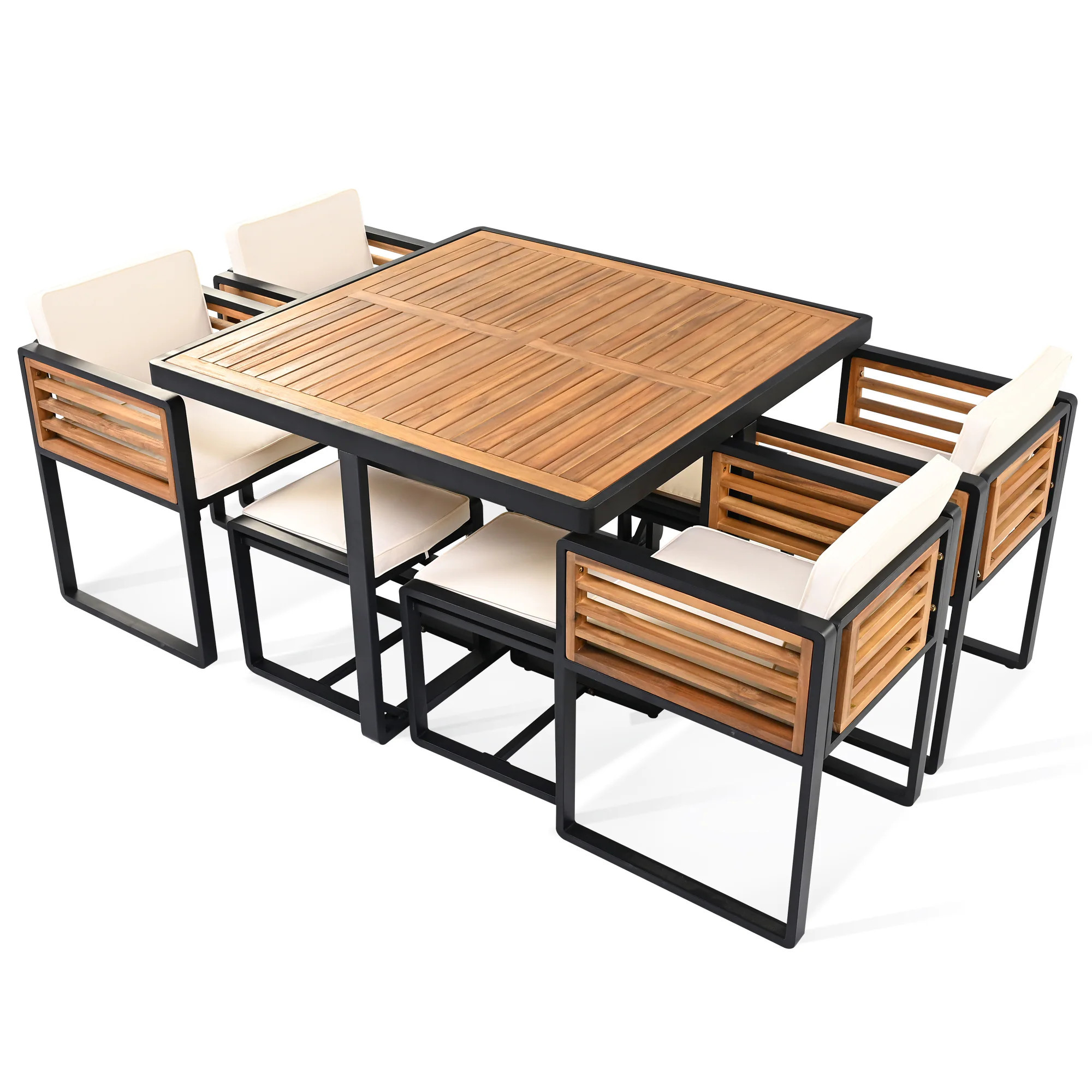 SINOFURN 9 -Piece Black Patio Dining Set Wood Square Table with 4 Beige Cushions Stationary Chairs one_size | SYA38071BG | Lowe's