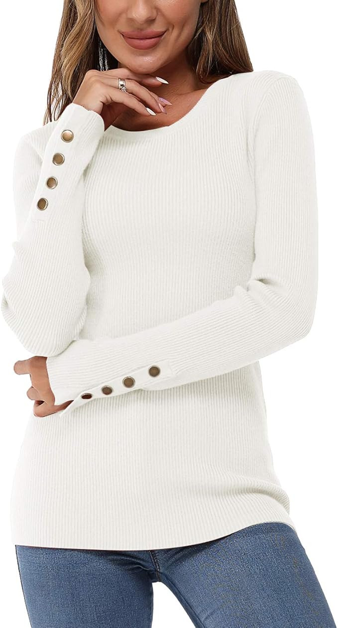 Newshows Women's Fall Fashion Sweater Long Sleeve Crew Neck Button Stretch Casual Pullover Tops W... | Amazon (US)