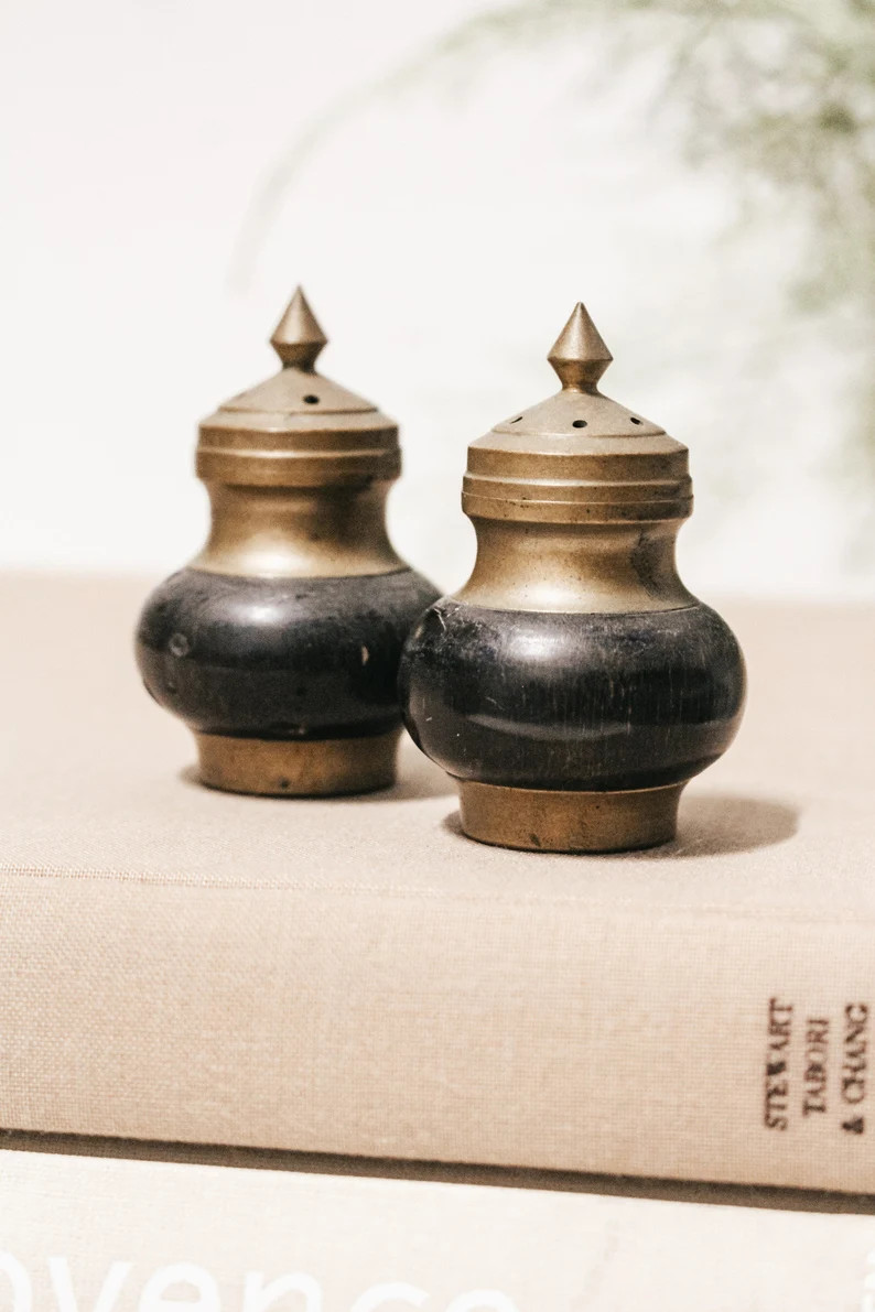 Pair of 2 Vintage Small Wood and Brass Salt and Pepper Shakers 2.5 Tall Mid Century Scandi Minima... | Etsy (US)