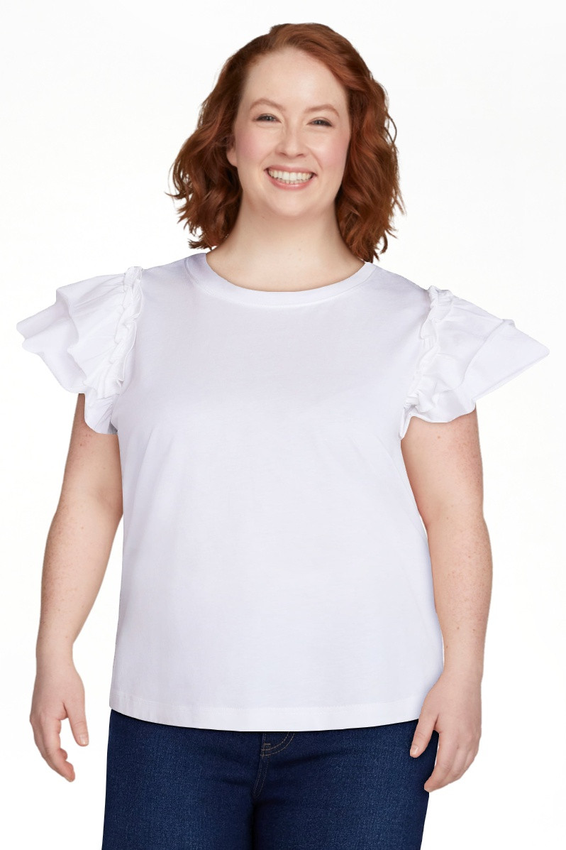 Time and Tru Women's Cotton Crewneck Tee with Ruffle Flutter Sleeves, Sizes XS-XXXL | Walmart (US)