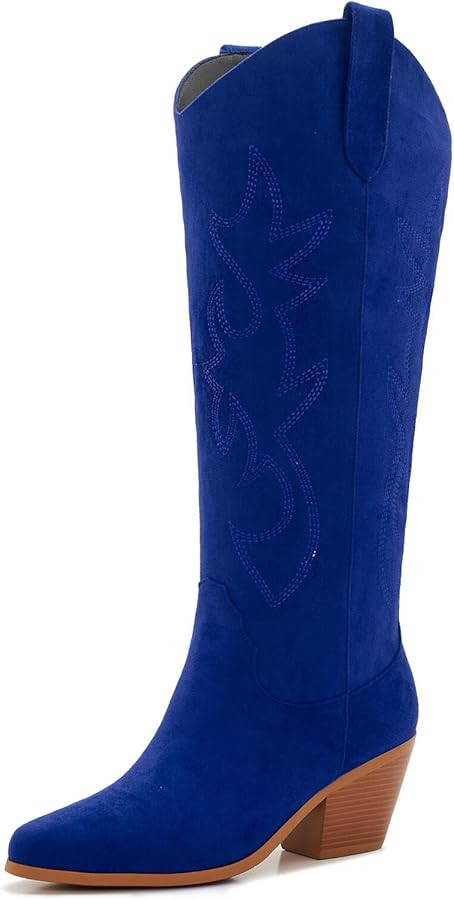 Wide Calf Cowgirl Boots Women Knee High Boots Pointed Toe and Block Heel Cowboy Suede with Embroi... | Amazon (US)