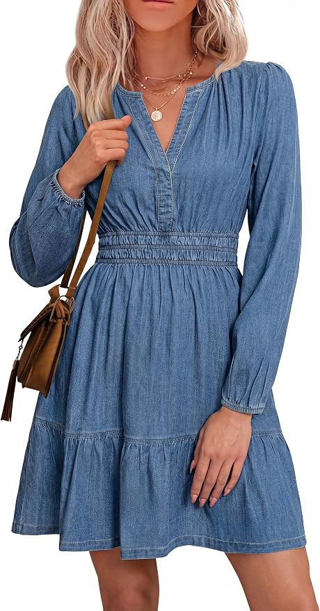 Simplee Womens Fall Denim Dress Casual Long Sleeve V Neck Empire Waist Ruffle A Line Flowy Short ... | Amazon (US)