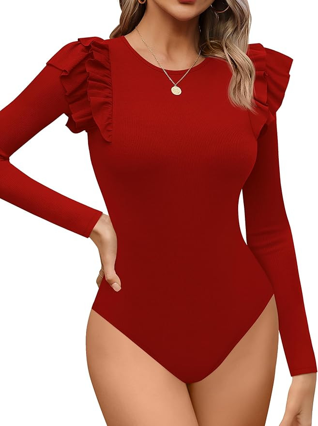 Missufe Women's Crew Neck Ruffle Long Sleeve Bodysuit Ribbed Knit Fitted Basic T Shirt Tops | Amazon (US)