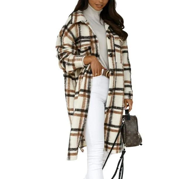 Colisha Women Chunky Knee Length Plaid Overcoat Fleece Shacket Jackets Coats Ladies Casual Baggy ... | Walmart (US)