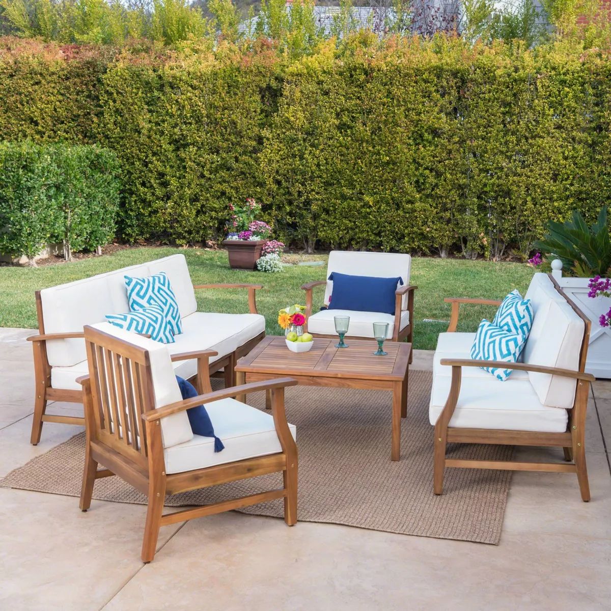 Perla 9pc Acacia Wood Patio Conversation Set - Teak/Cream - Christopher Knight Home | Target