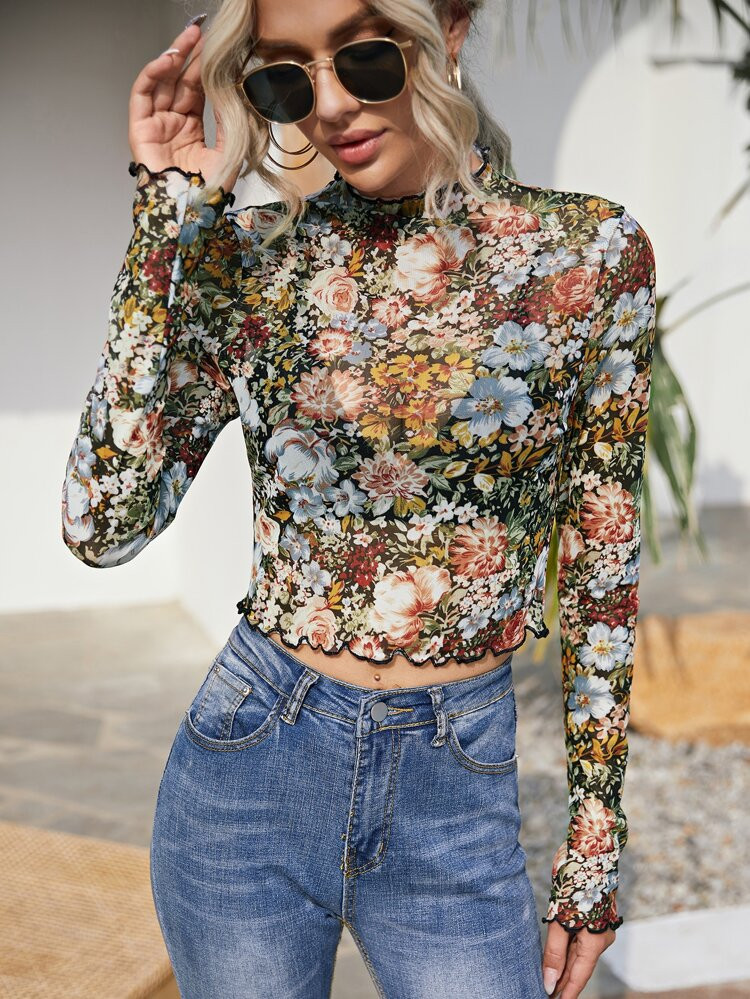 SHEIN Lettuce Edge Floral Mesh Top | SHEIN