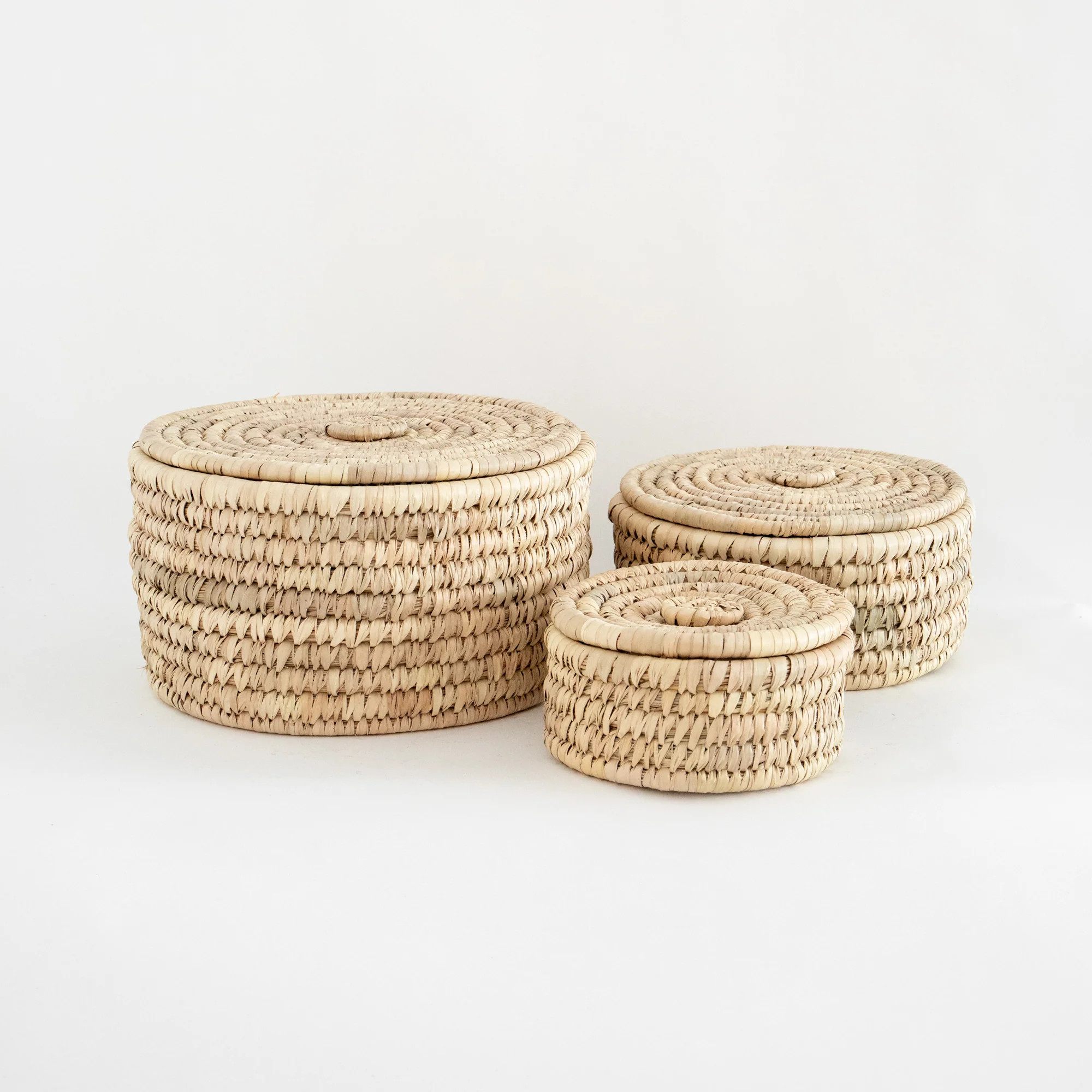 Hand-Woven Grass & Date Leaf Lidded Basket Set | The Vintage Rug Shop