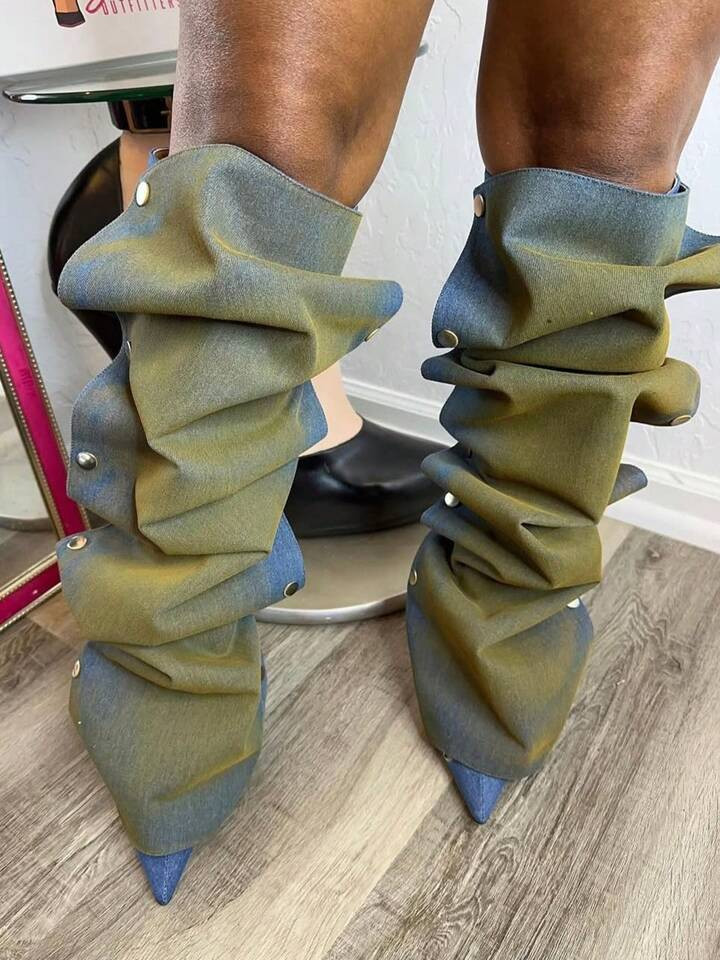 Trend Women's Pleated Knee High Boots Pointed Toe Stiletto High Heel Detachable Snap-Off Shoes Fo... | SHEIN