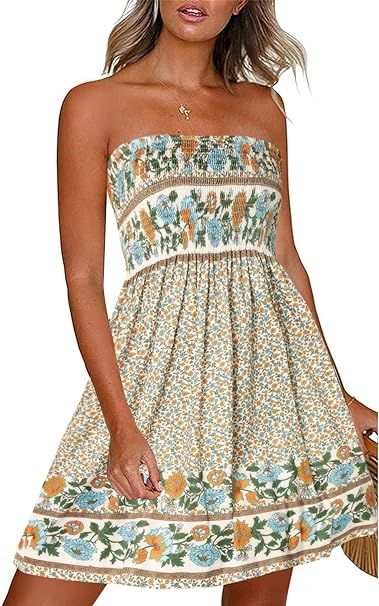 CHICGAL Summer Dresses for Women Beach Cover Ups Strapless Boho Floral Print Sundress | Amazon (US)