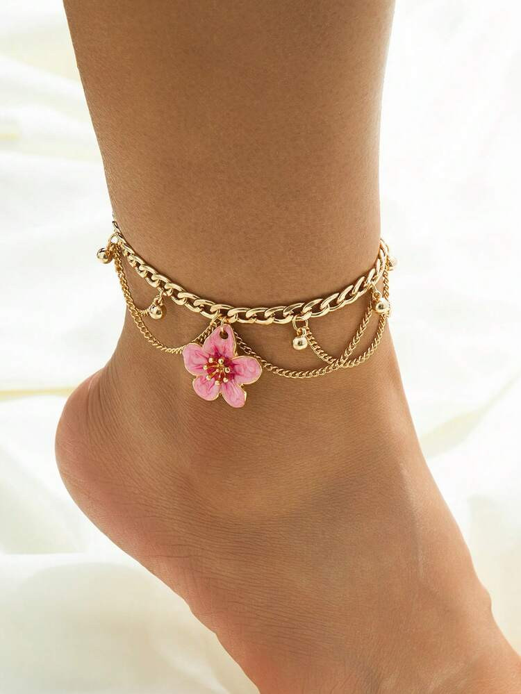 1pc Handmade Gradient Tie Dye Tassel Decor Plumeria Pendant Anklet, Vacation Style For Women | SHEIN