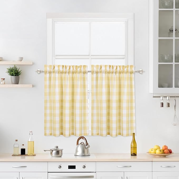 Buffalo Plaid Cafe Curtains 36 Inch Long,Yellow and White Buffalo Check Kitchen Tier Curtains, Gi... | Amazon (US)