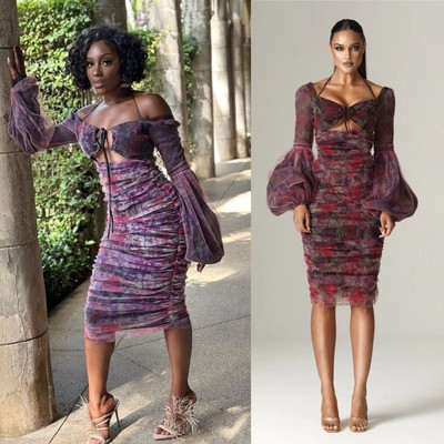 Alieva Bianca Dress Cutout Ruched Midi Floral Purple Chiffon Long Sleeve Size M  | eBay | eBay US