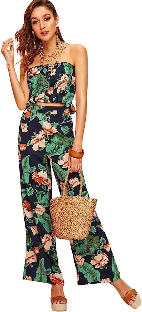 Floerns Women's Summer 2 Piece Outfits Strapless Tube Top and Pants Sets | Amazon (US)