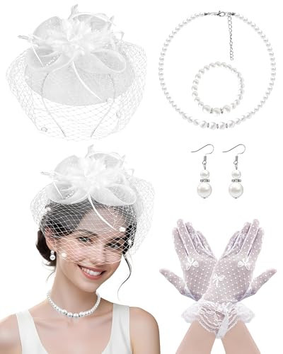 White Vintage Fascinators Hat Set for Women Tea Party Headband Lace Gloves Set | Amazon (US)