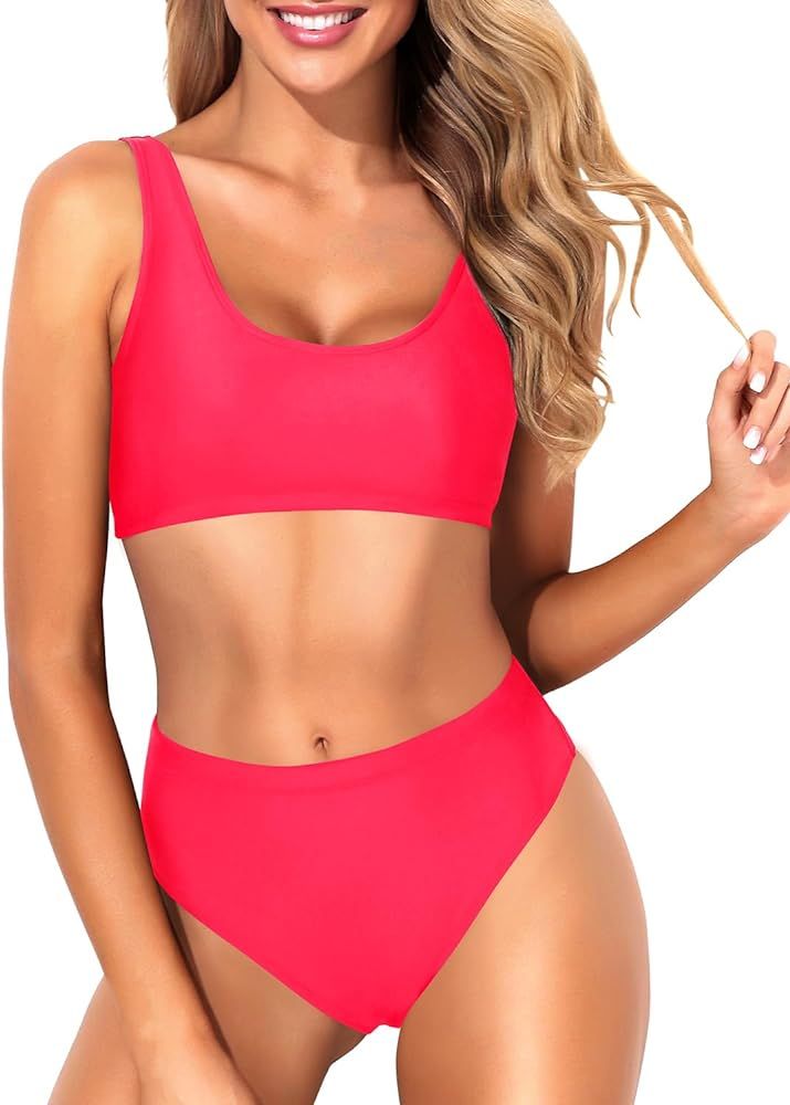 Tempt Me Women Two Piece Scoop Neck Bikini Crop Top Swimsuit Sporty High Waisted Bathing Suit | Amazon (US)