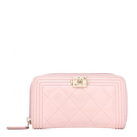 CHANEL Patent Quilted Small Boy Zip Around Wallet Light Pink | Fashionphile