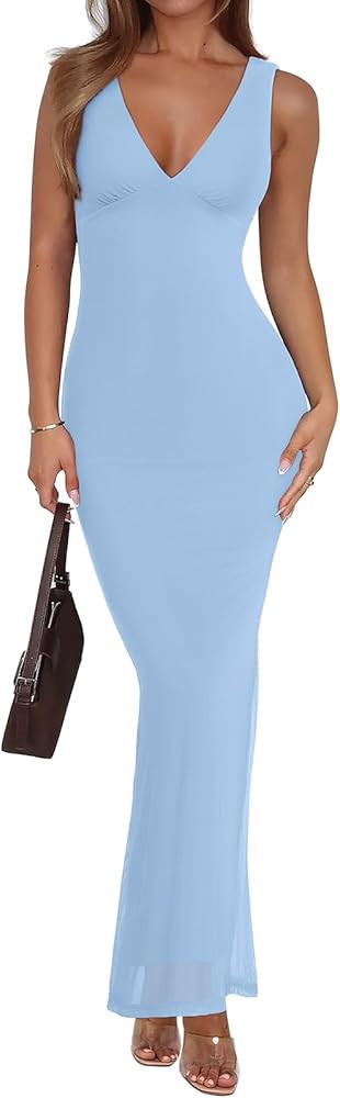 REORIA Women's Summer V Neck Sleeveless Wedding Guest Maxi Dress Sexy Mesh Bodycon Long Dresses | Amazon (US)