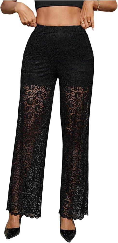 Floerns Women's Contrast Lace Sheer Pants Elastic Waist Straight Leg Elegant Trousers | Amazon (US)