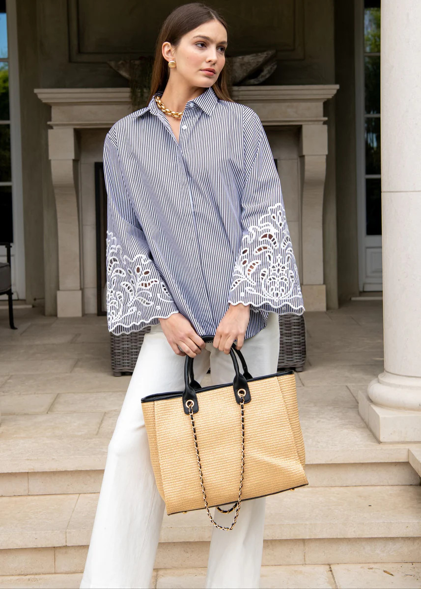 Ellias Striped Button Up Embroidered Bell Sleeve Top - Black | Benaar La