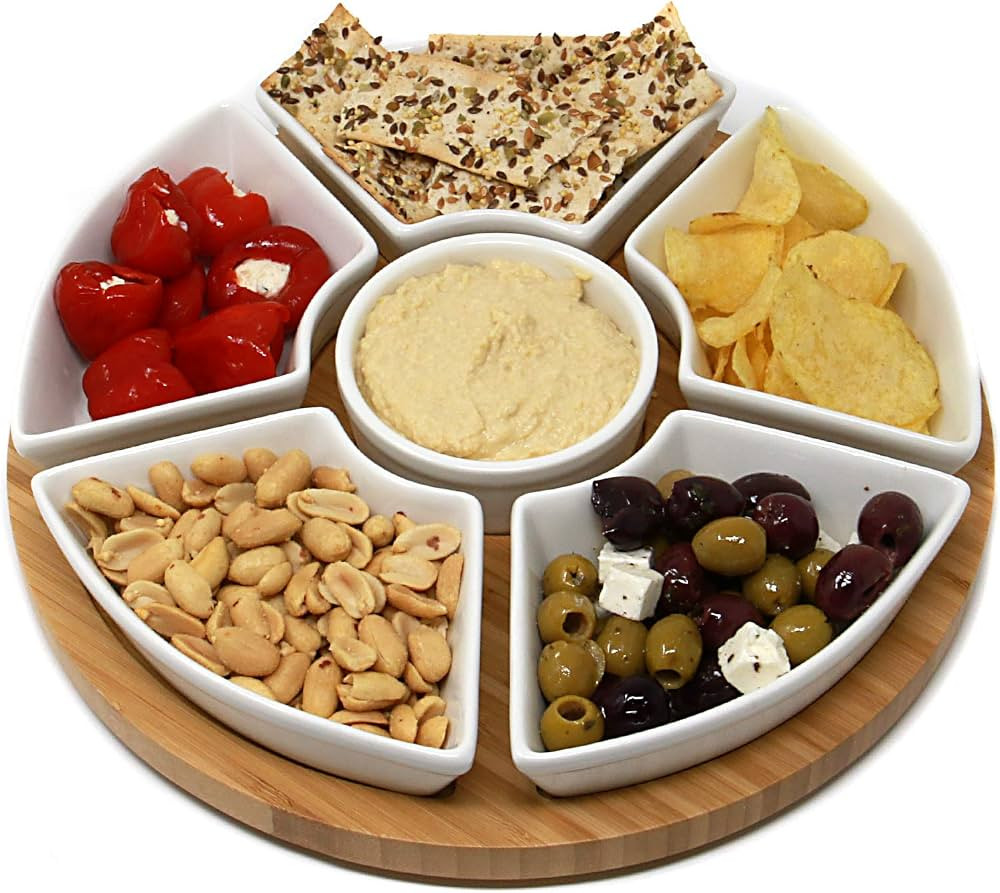 Bamboo Rotating Dip Set | Lazy Susan with 6 Ceramic Dishes | Serving Platters | Snack Dishes with... | Amazon (UK)