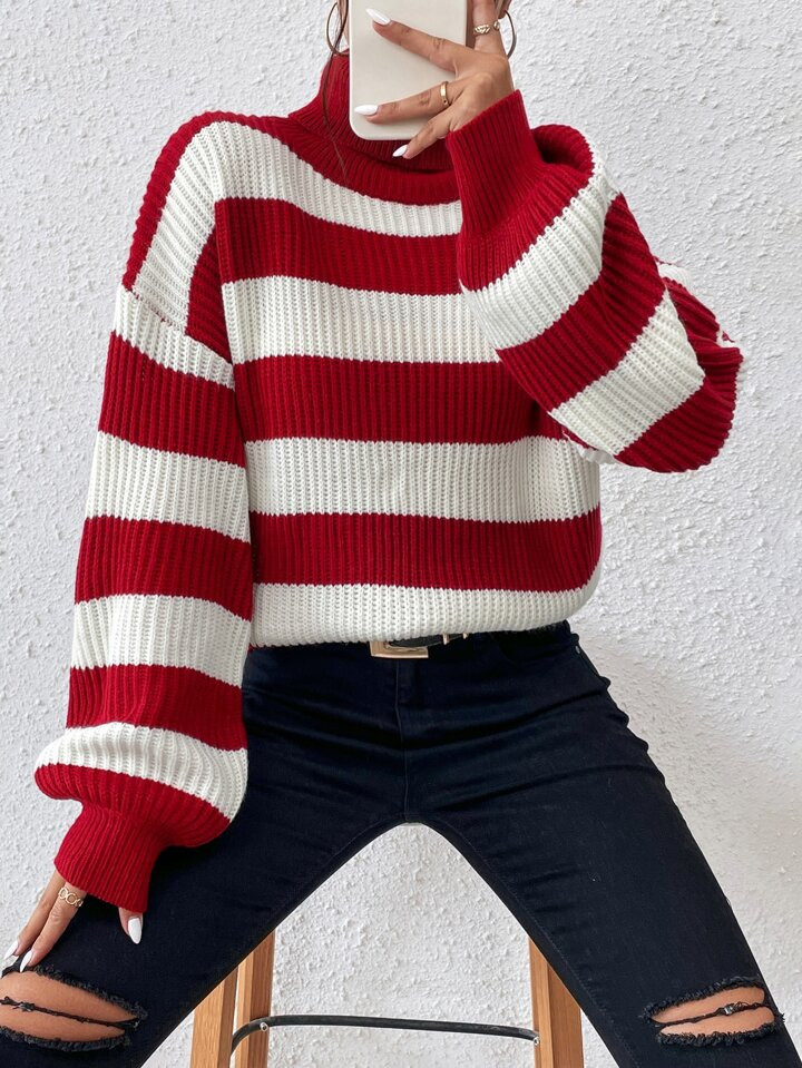 SHEIN Relaxiva Striped Pattern Turtleneck Bishop Sleeve Sweater | SHEIN