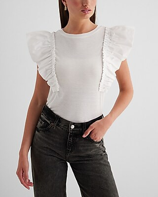 Skimming Linen-Blend Crew Neck Flutter Sleeve Tee | Express