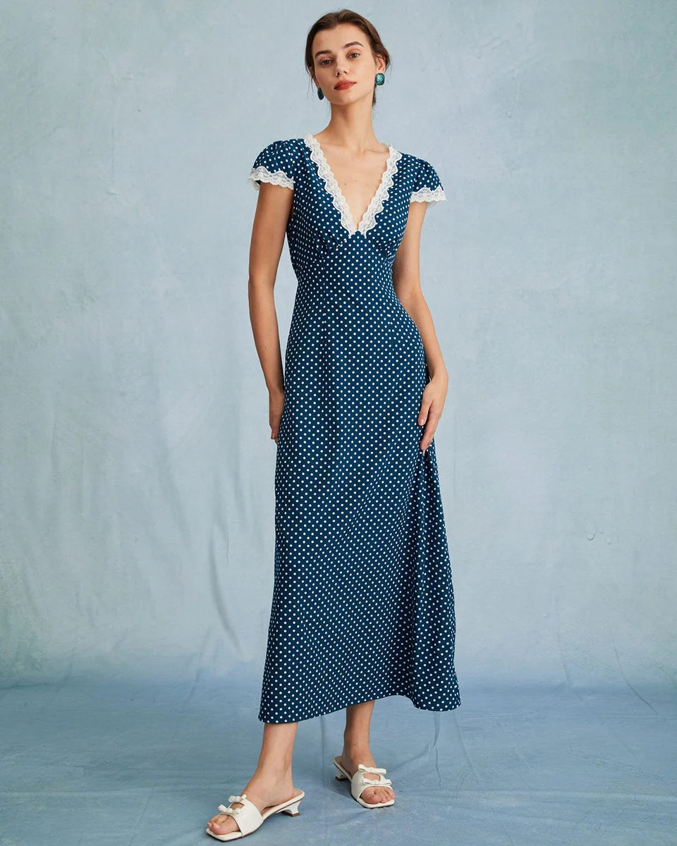 The Navy V Neck Polka Dot Lace Ruched Maxi Dress | rihoas.com