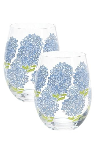 Two's Company Inc. Blue Hydrangea Stemless Wine Glass (16 oz, hand wash recommended) - Glass Set of 2 | Amazon (US)