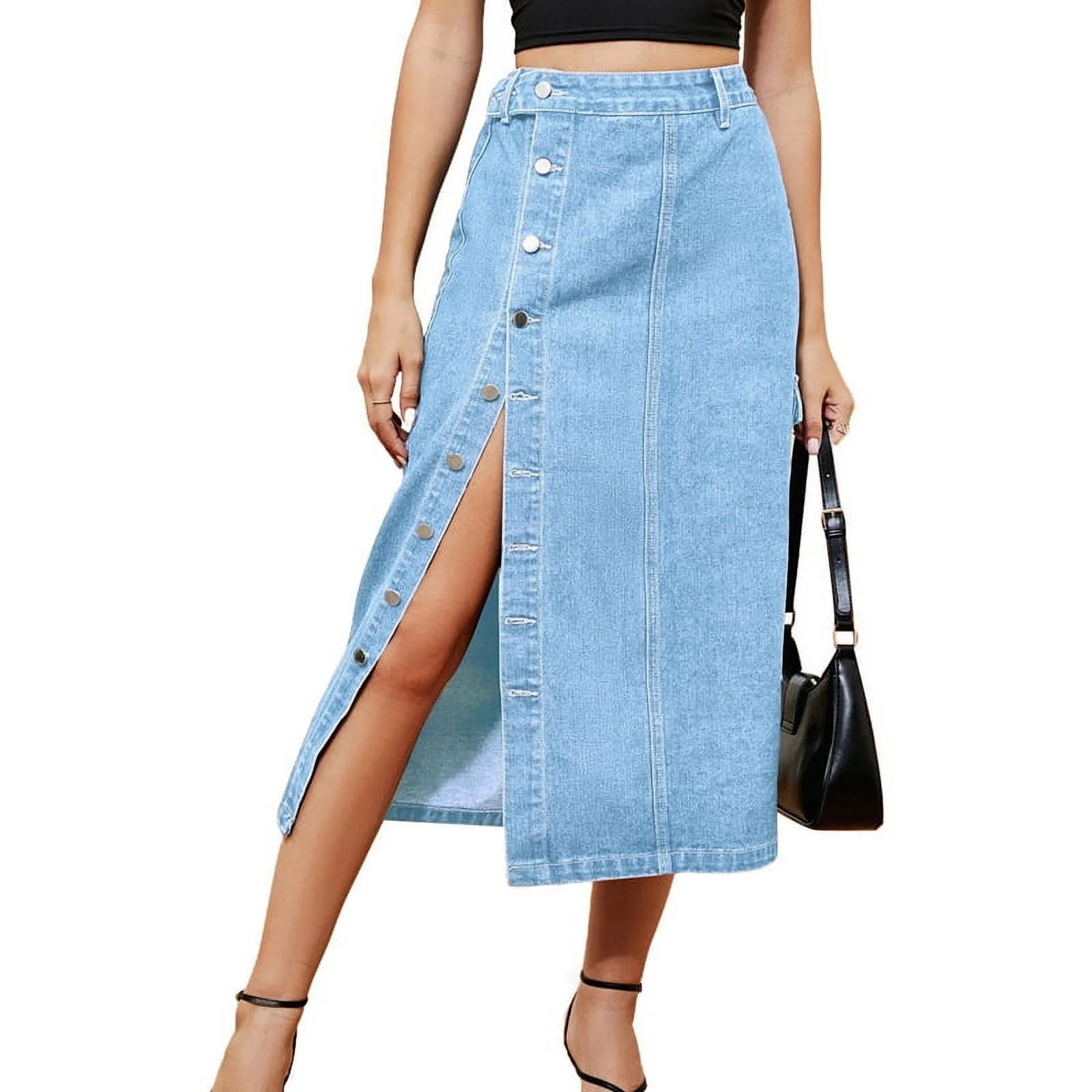 Dycnvjo Women'S Casual High Waist Denim Mid Skirt Slit Button Up Jean Skirts with Pockets Light B... | Walmart (US)