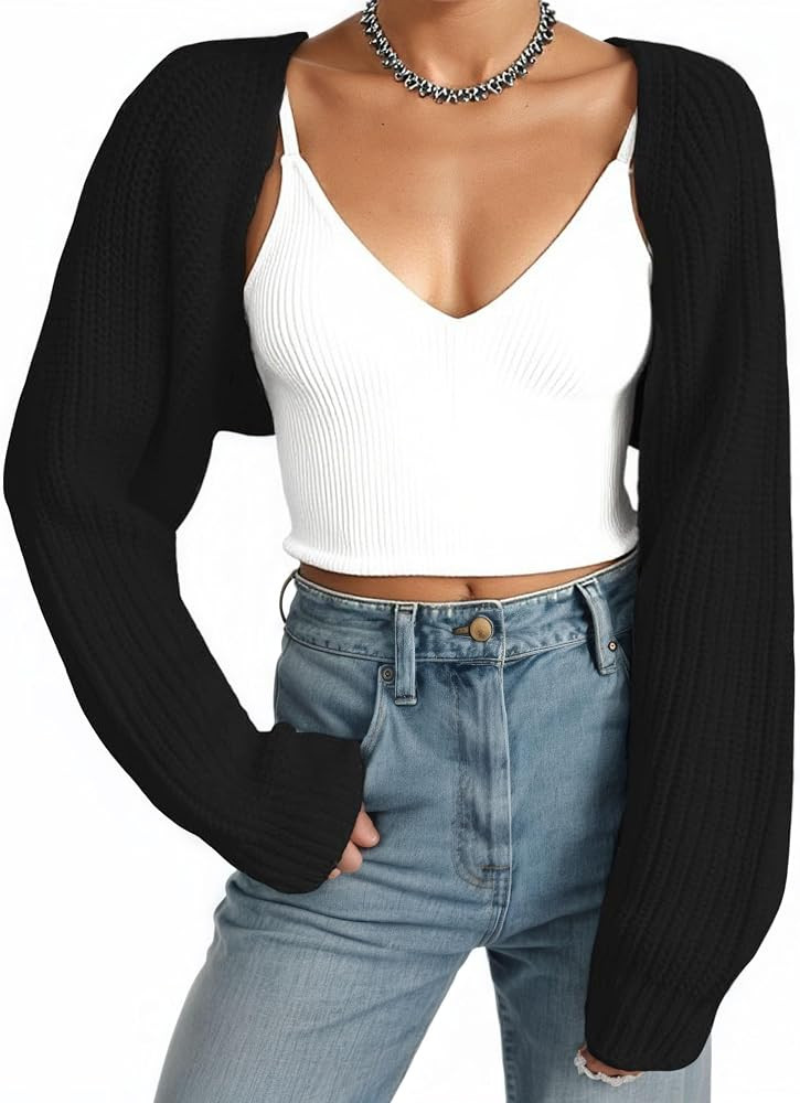 Women Open Front Ribbed Knit Crop Bolero Drop Shoulder Long Sleeve Solid Loose Fit Knitted Crop C... | Amazon (US)