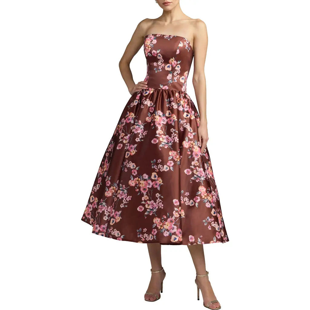 Mac Duggal Strapless Floral Satin Tea-Length Ball Dress in Bordeaux Multi at Nordstrom, Size 6 | Nordstrom