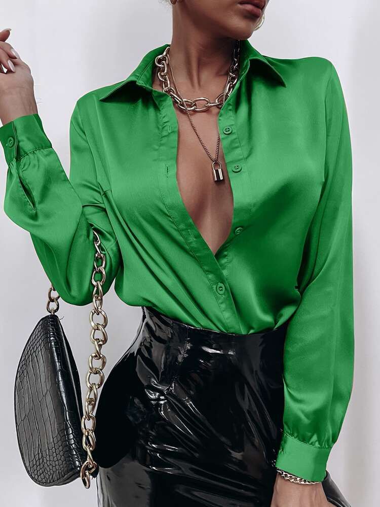 Satin Solid Button Front Blouse | SHEIN