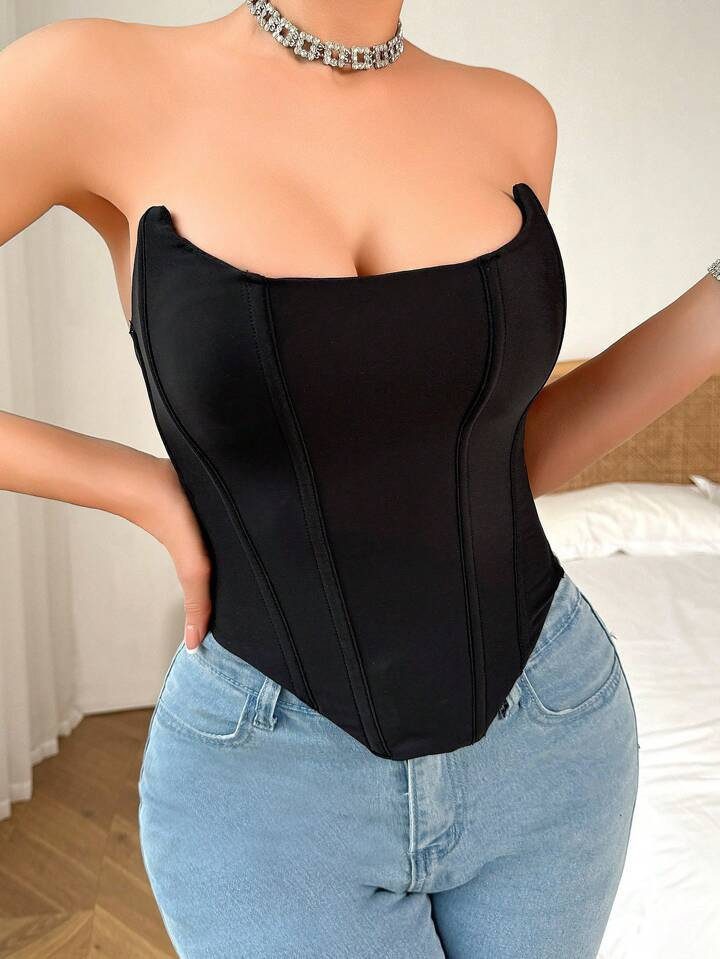 Ladies' Fashion Solid Color Bustier With Cups And Bones | SHEIN USA | SHEIN