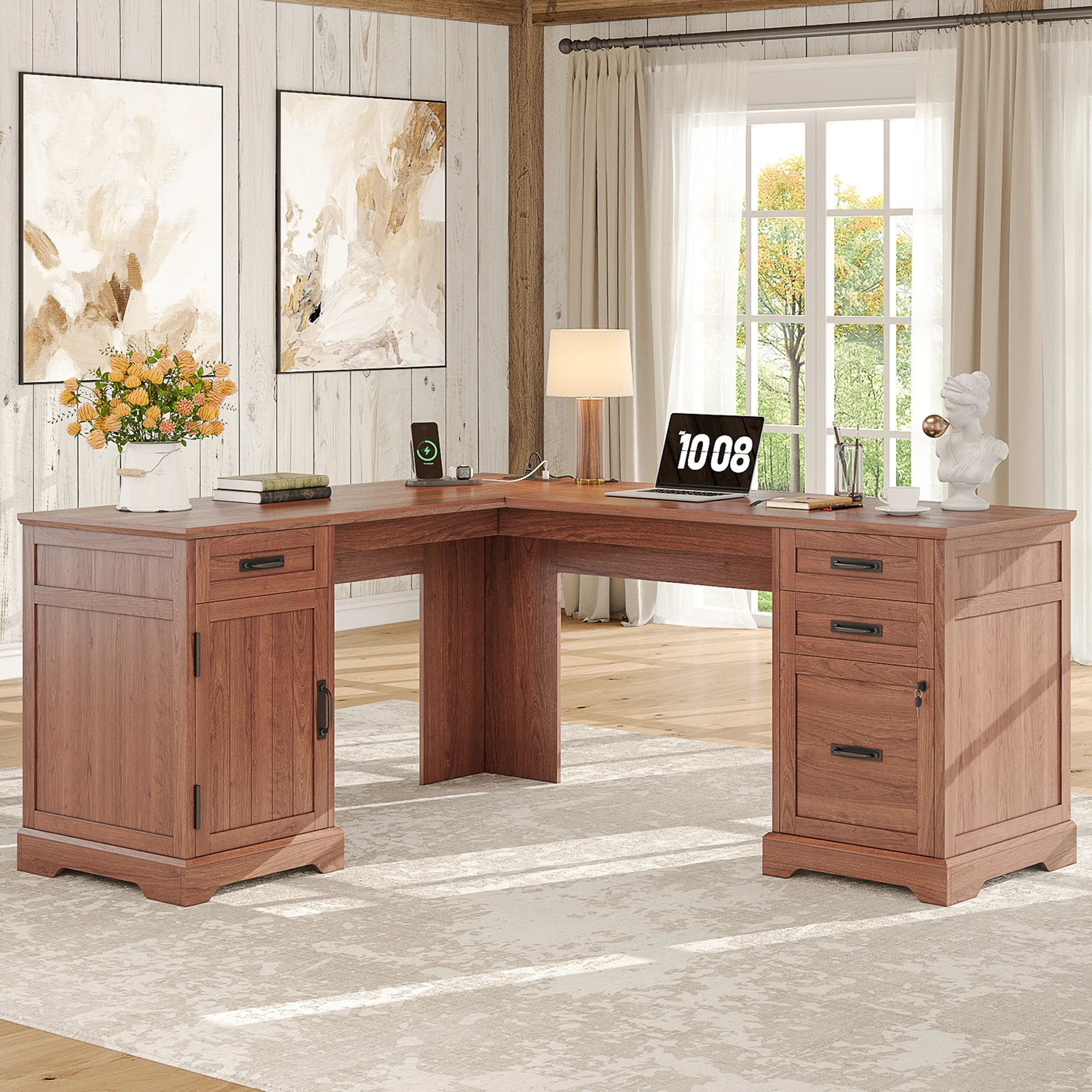 67'' Farmhouse L Shaped Desk with Drawers, Home office Corner Computer Desk with File Storage and... | Wayfair North America