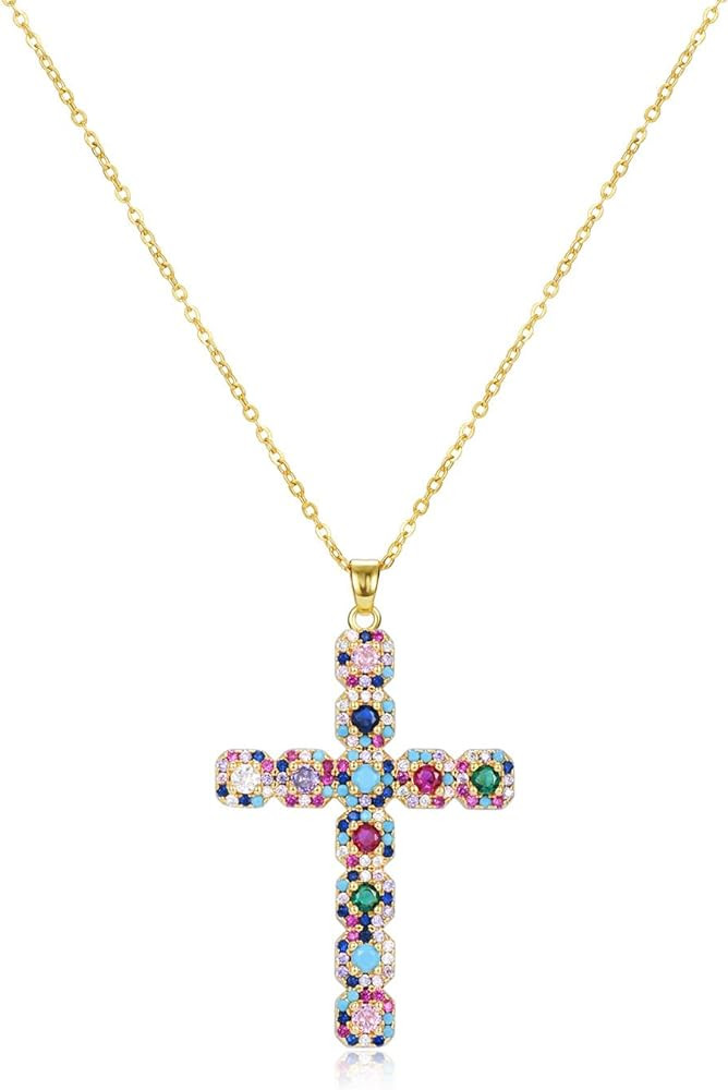 18K Gold Plated Gold Necklace for Women Choker Necklace for Women Colorful Sweater Cross Pendant ... | Amazon (US)