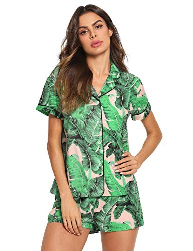 Floerns Women's Notch Collar Palm Leaf Print Sleepwear Two Piece Pajama Set | Amazon (US)