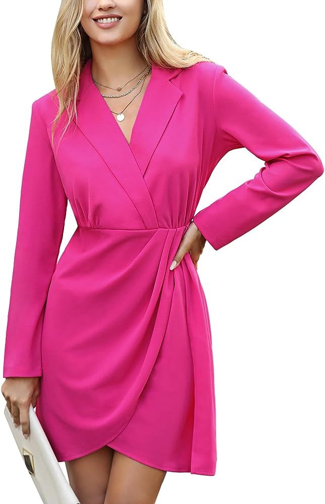 EXLURA Women's 2024 Long Sleeve Wrap V Neck Bodycon Formal Work Dress Ruched Cocktail Mini Dress ... | Amazon (US)