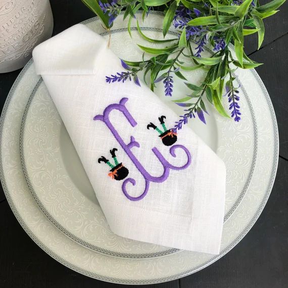 Halloween Monogram Embroidered Linen Napkins, Autumn Fall Holiday Table Decor, witch in cauldron,... | Etsy (US)