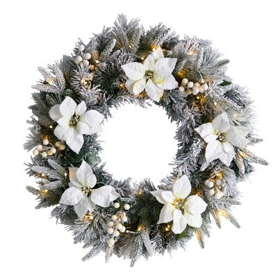 Nearly Natural 24-in Flocked Poinsettia and Pine Artificial Christmas Wreath with 50 Warm White LED Lights | Target
