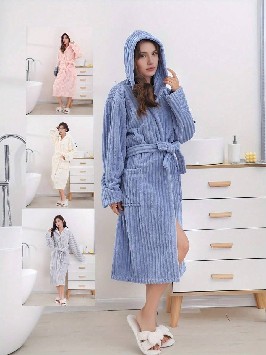 1pc Coral Fleece Plush Hooded Bathrobe For Women, Soft & Comfortable Absorbent Loungewear For Bat... | SHEIN