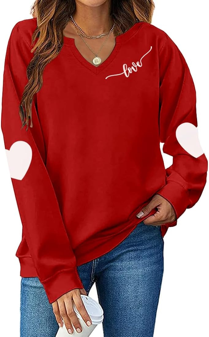 Ymoshoe V Neck Valentine's Day Sweatshirt Women Heart Elbow Patch Valentine Sweatshirts Glittle V... | Amazon (US)