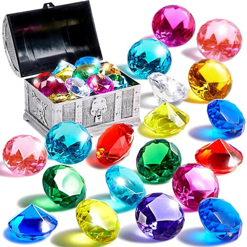 Sloosh Diving Gems Pool Toys,16 Big Colorful Diamond with Pirate Treasure Chest,Swim Dive Toy for Kids Underwater Gemstone Swimming Training Gift Water Toys Pool Games(Silver) | Amazon (US)